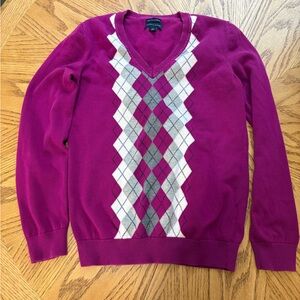 Tommy Hilfiger Women's V-Neck Sweater - Fuchsia and Gray Argyle